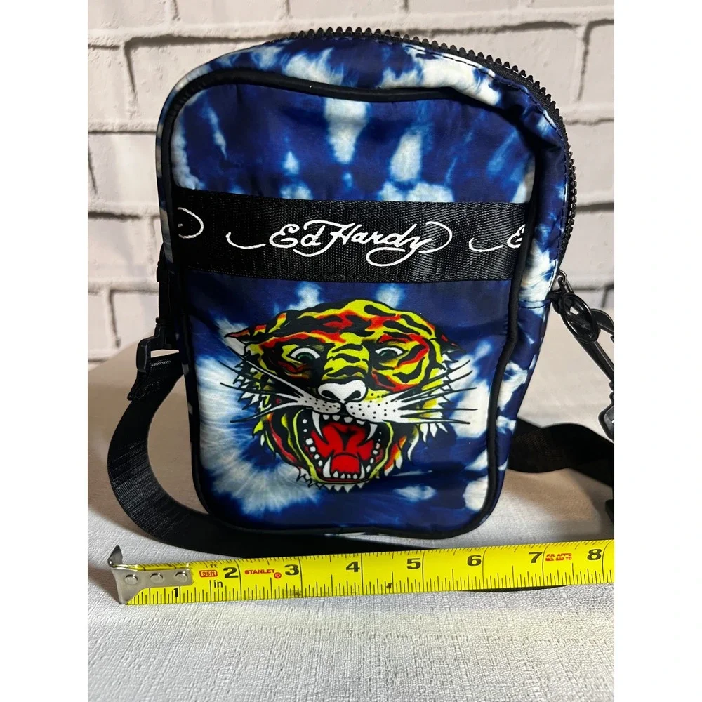 Ed Hardy Tiger Tie Dye Crossbody Bag Blue White Nylon Messenger Streetwear